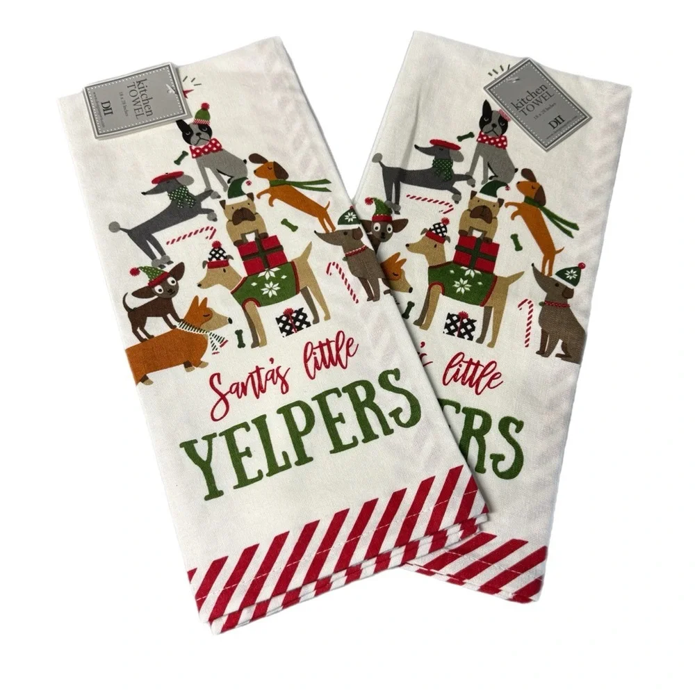 Design Imports Christmas Dog Dishtowel Set – “Santa’s Little Yelpers” NWT